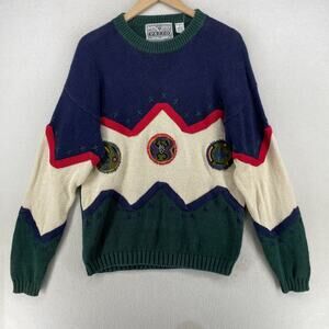 PAZZO Sweater Mens L Geometric Chunky Aztec Pullover Vintage Blue Green